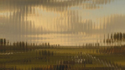 A classical painting of a green landscape at dusk, obscured by a glass effect.