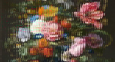 A classical still-life painting of a large bunch of flowers of many colours, obscured by a glass effect.