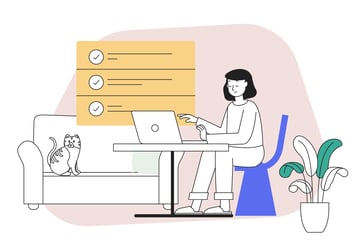 The best tools and resources for working from home - illustrated image of a homeworker at her desk with a laptop and a cute cat on a sofa in the background. There is a list of remote working links at the top of the image.