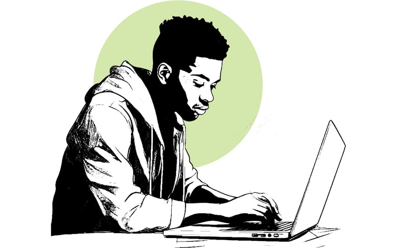 Black and white illustrated image of a man using an accessible website on a laptop, with a green circle in the background
