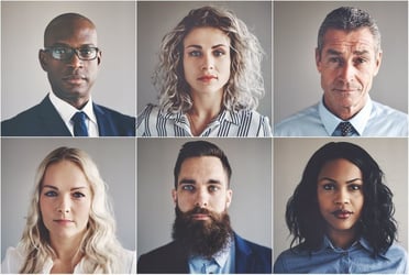 Six different faces in boxes