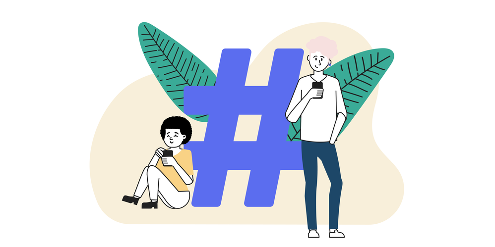illustration of a social media hashtag with two people looking at their devices