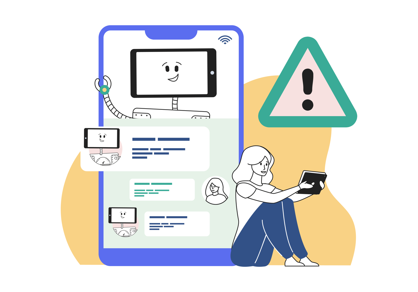 HubSpot chatbot considered harmful: results from Articulate's experiment with website chat - illustration of Arty the robot waving from a chat screen with a person beside him and a big warning sign