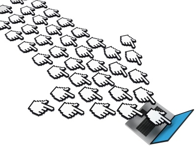 Inbound content marketing - lots of clicks heading to a computer screen