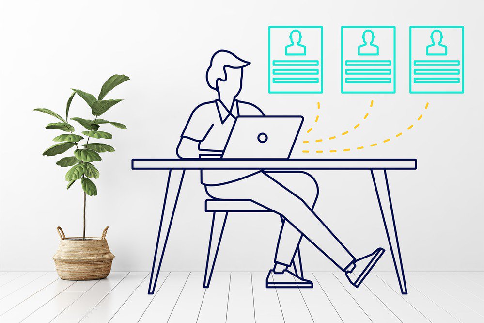 Articulate illustration showing someone sitting at a desk with a computer