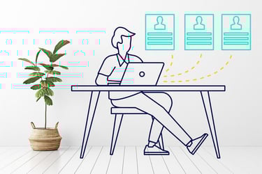 Articulate illustration showing someone sitting at a desk with a computer