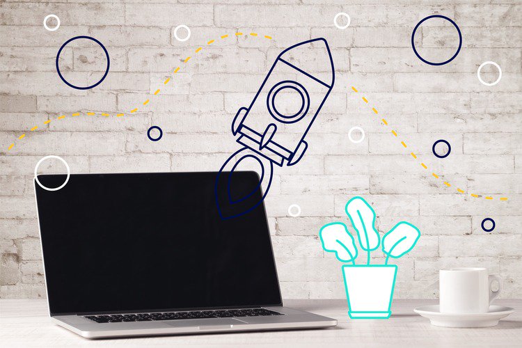 Illustration of a laptop and a rocket ship - how to pick stock photography that doesn't suck by Articulate Marketing