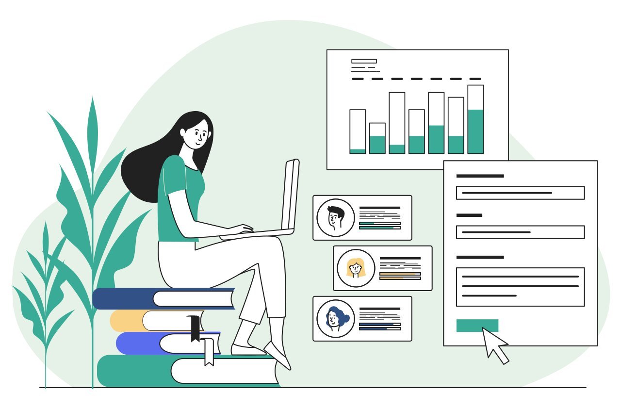 Illustration of a woman using a computer and looking at marketing diagrams