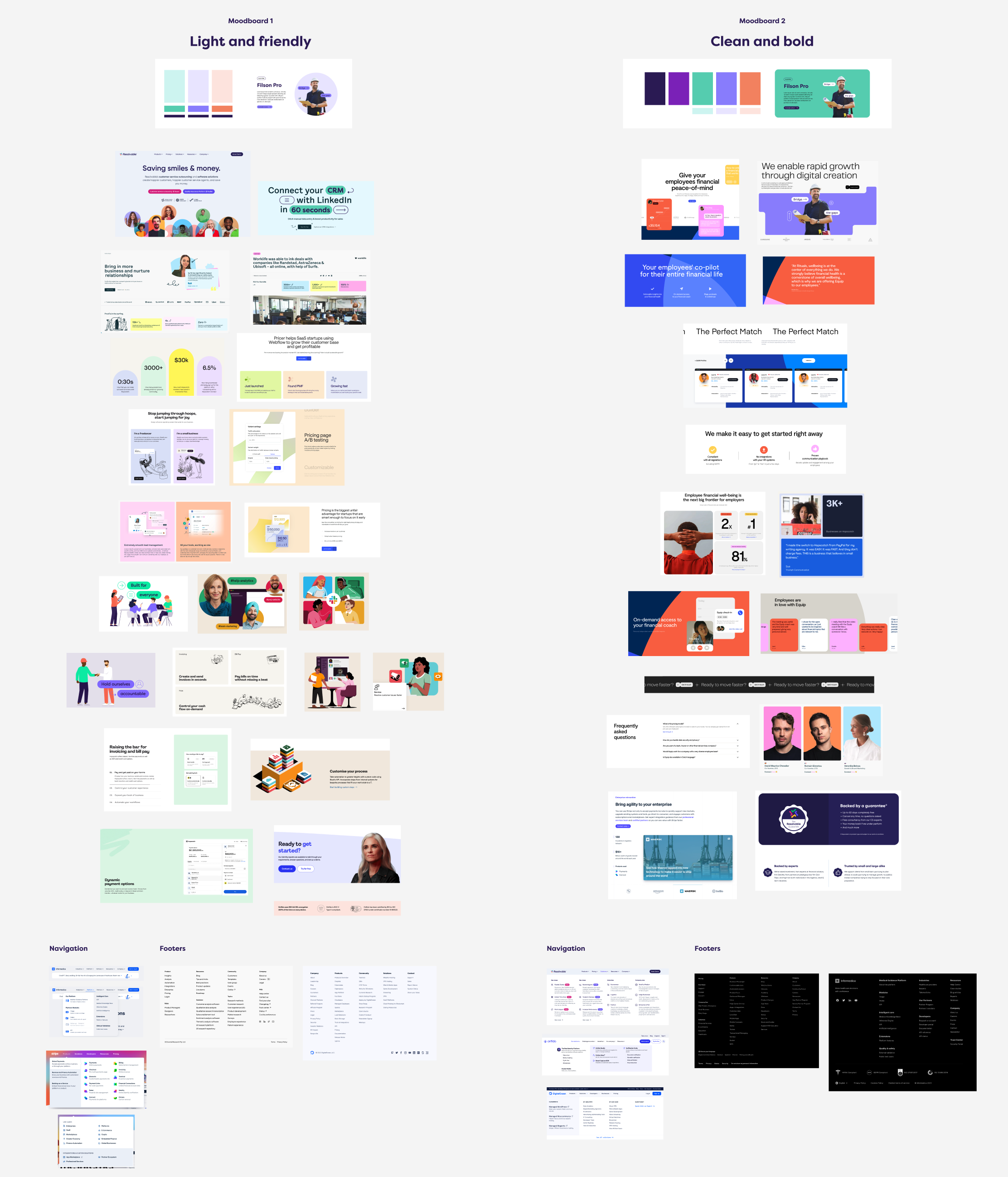 Two website moodboards side-by-side - one shows different web pages and modules in more pastel colours with more white space; the other shows more bright, bold colours that are full-bleed or full-width.