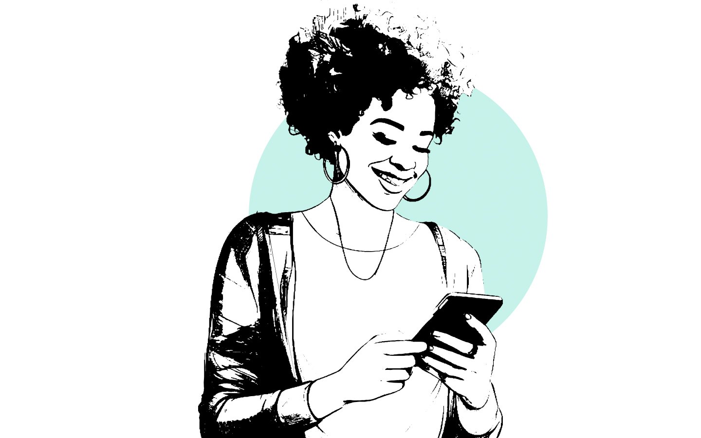 A smiling person reading of a mobile device
