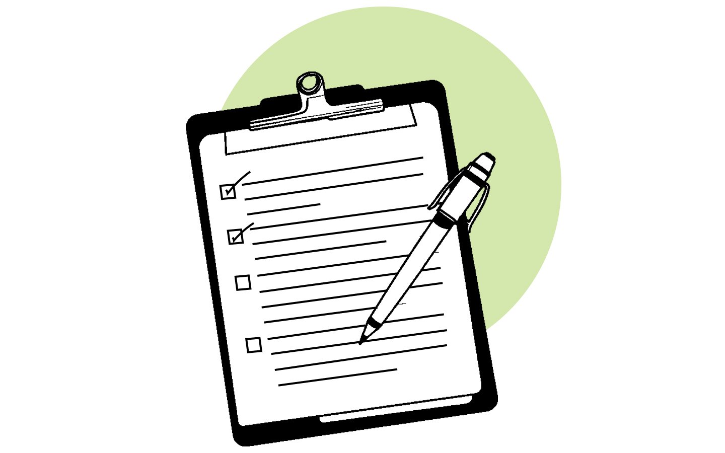 A checklist on a clipboard with a pen