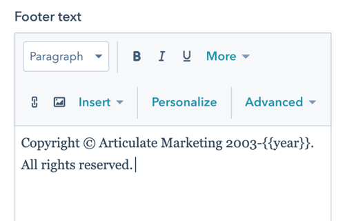 copyright text for articulate marketing in hubspot back-end