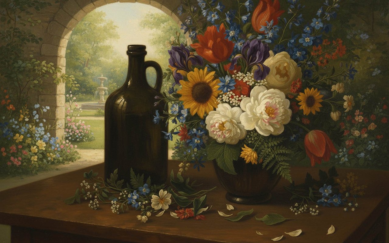 a painting of a bouquet and a bottle