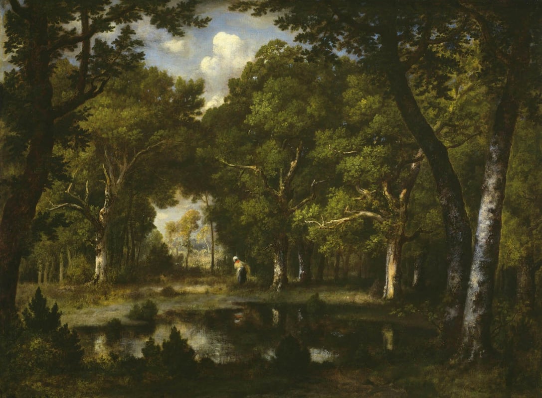 painting of a wooded glen and lake