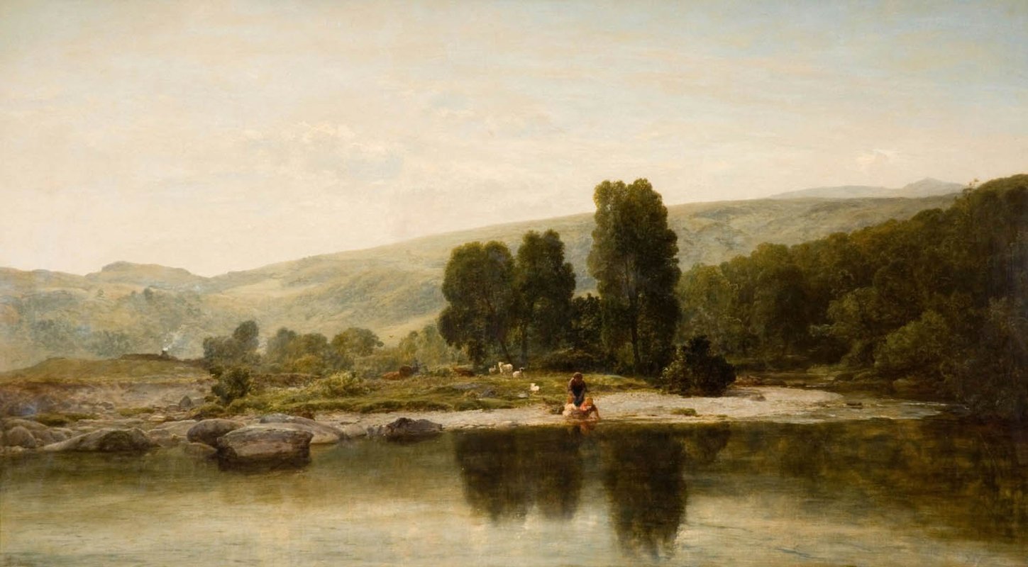 painting of a lake ringed by trees