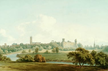 painting of a rural scene with a town in the distance
