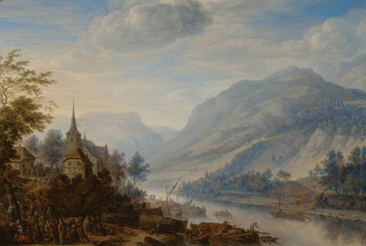 Classical painting of a village on a hill next to a river and mountains.