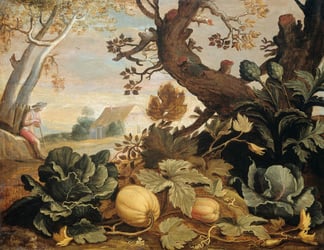 Classical painting of gourds in the foreground with a man leaning on a tree in the background.