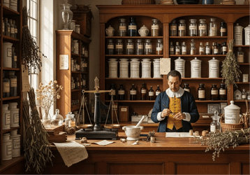 Fine art painting of a man behind a shop counter with scales, herbs, pestle and mortar 