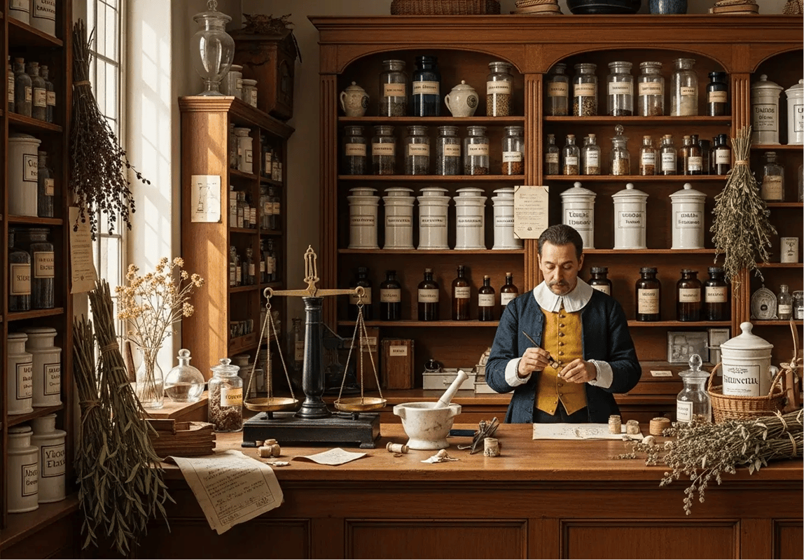 Fine art painting of a man behind a shop counter with scales, herbs, pestle and mortar 