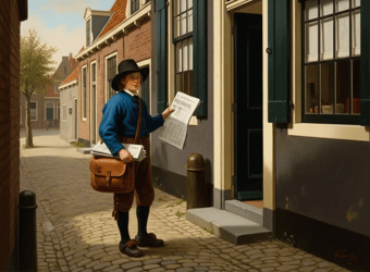 Fine art painting of person delivering a newspaper