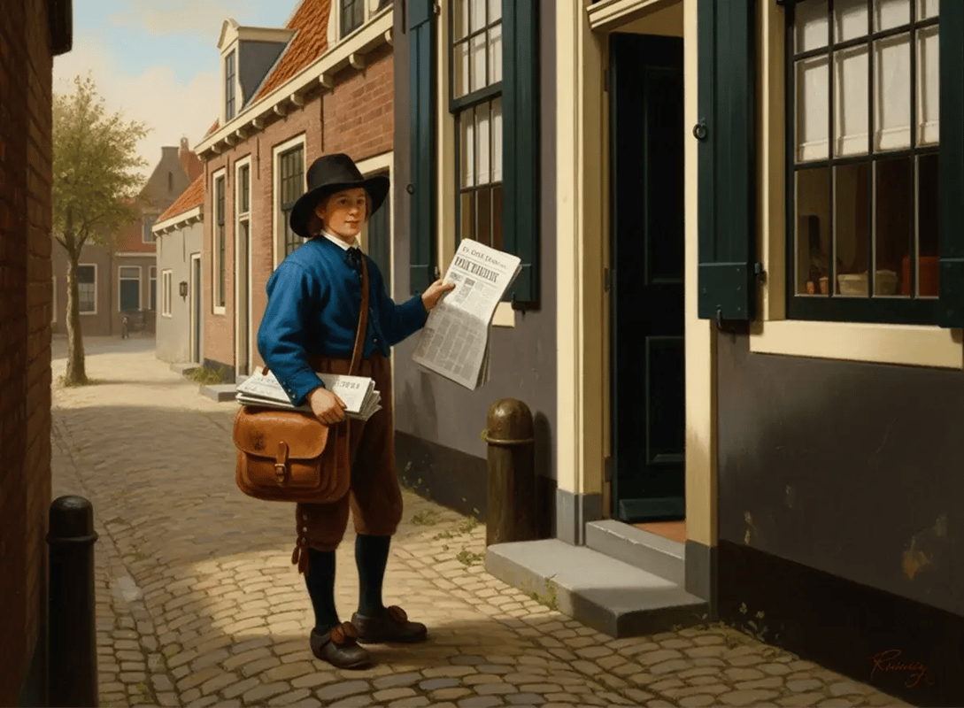 Fine art painting of person delivering a newspaper