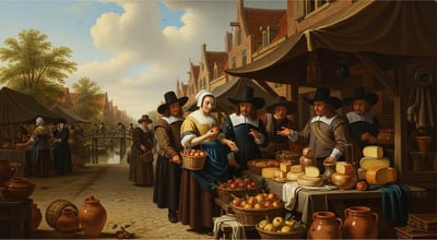 Classical painting of people shopping for food at an open air market.