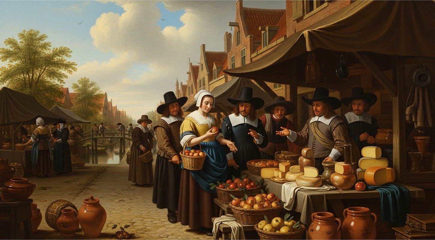 Classical painting of people shopping for food at an open air market.