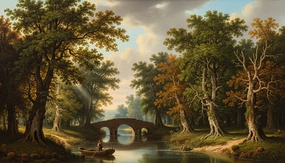 Classical painting of a small bridge over a river surrounded by trees and a man in a small rowboat.