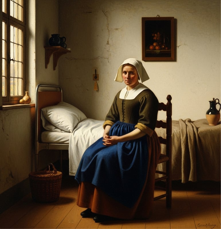 Fine art painting of woman sat on a chair in a bedroom