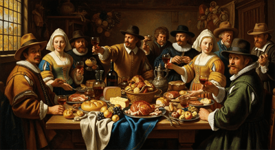 A painting of a rustic feast