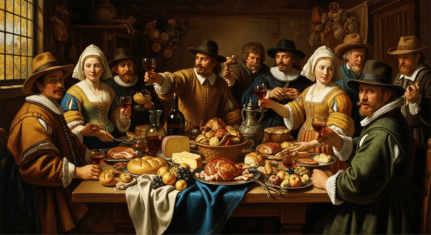 A painting of a rustic feast
