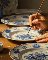 Fine art painting of a painter decorating plates