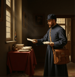 Fine art painting of person delivering post