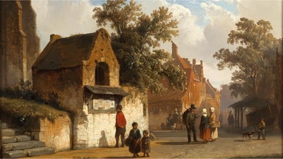 Fine art painting of a village with villagers