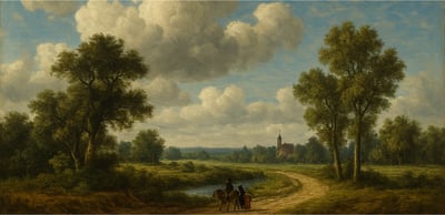 Classical painting of a winding path alongside a river with a church in the distance and a horse and rider in the foreground.