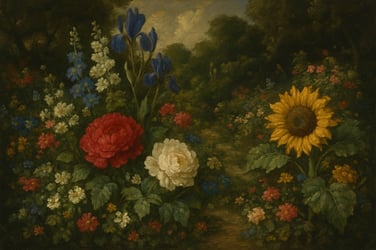Painting of a field of flowers such as roses and sunflowers.