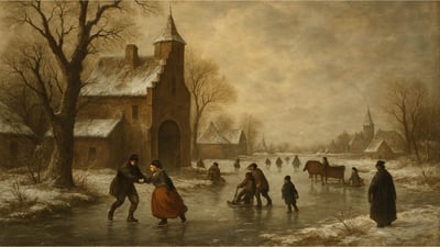 Classical painting of a frozen lake with people skating on it in front of a church.