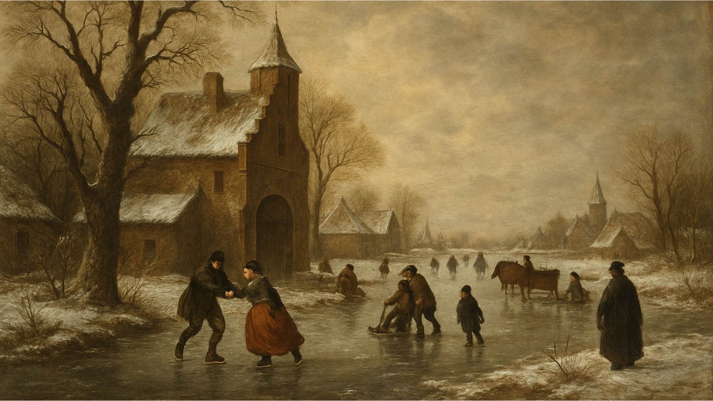 Classical painting of several people skating on a frozen lake in front of a church.