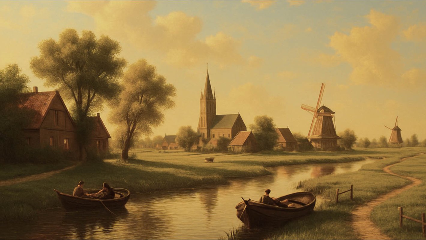 a painting of an old building on the river