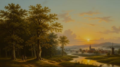 a painting of a fine sunset in the countryside