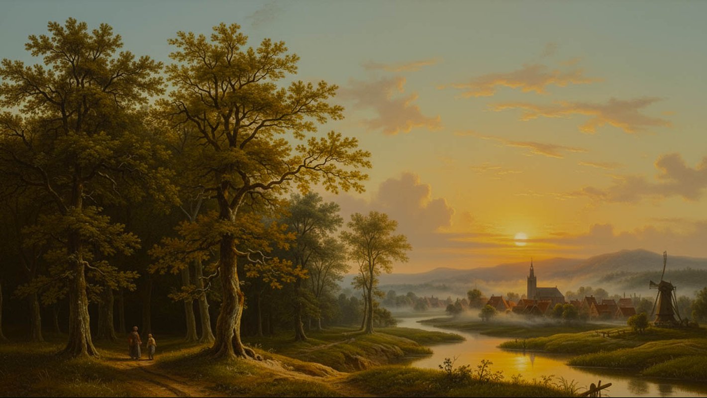 a painting of a fine sunset in the countryside