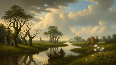 Fine art painting of lake with boats and scenery