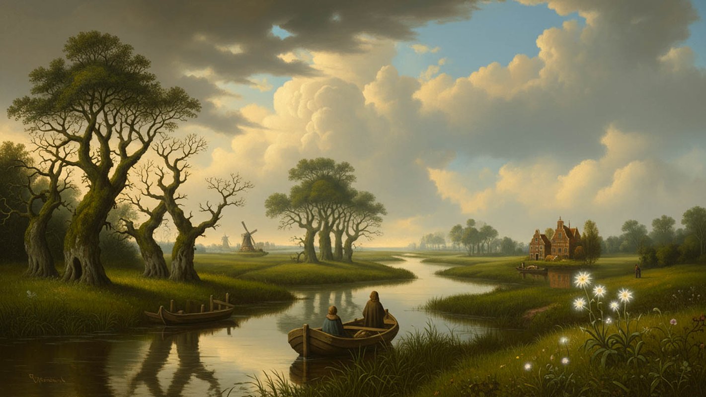 Fine art painting of lake with boats and scenery