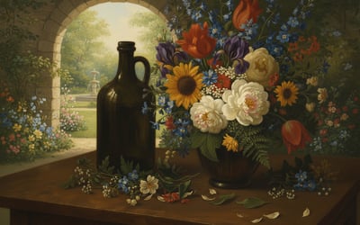 Classical painting of a still life arrangement with a brown glass bottle and a bouquet of flowers.