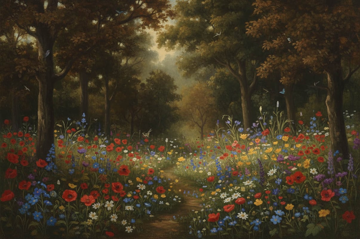 Painting of a forest clearing filled with wildflowers.