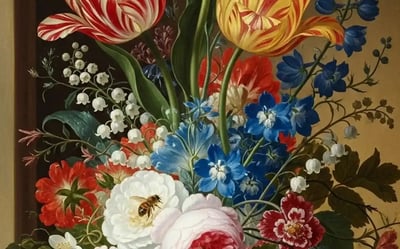Painting of a large bunch of multi-coloured flowers.