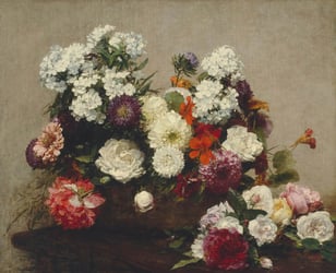 Classical painting of a big bouquet of flowers.