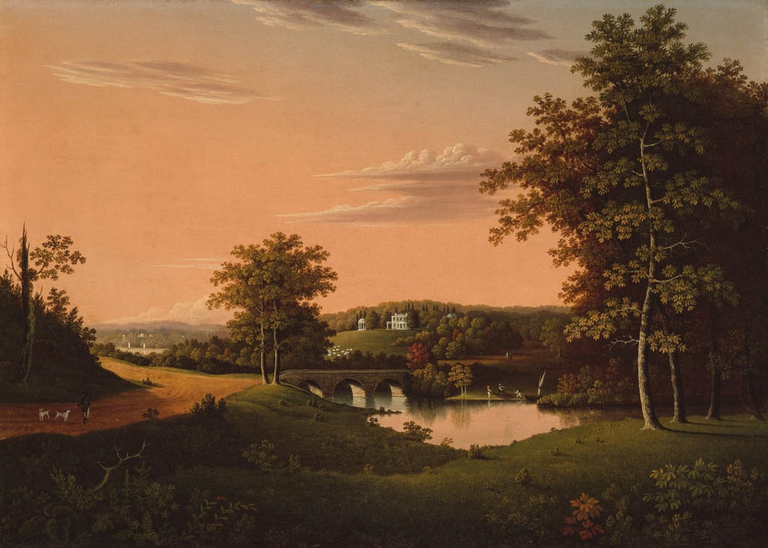 Painting of a river at sunset with people walking on a path in the foreground and a stately home in the background.