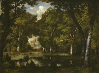 Classical painting of a woodland glade with a woman gathering something in the background.